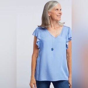 Piphany Sky Blue V-Neck Flutter Sleeve Blouse Size Large NWT